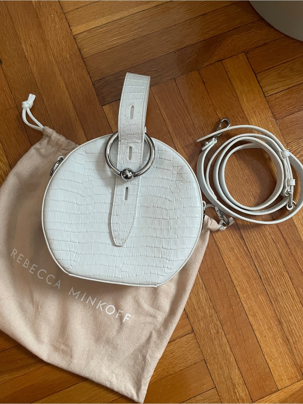 Rebecca Minkoff White Croc-Embossed Round Crossbody with Silver Ring